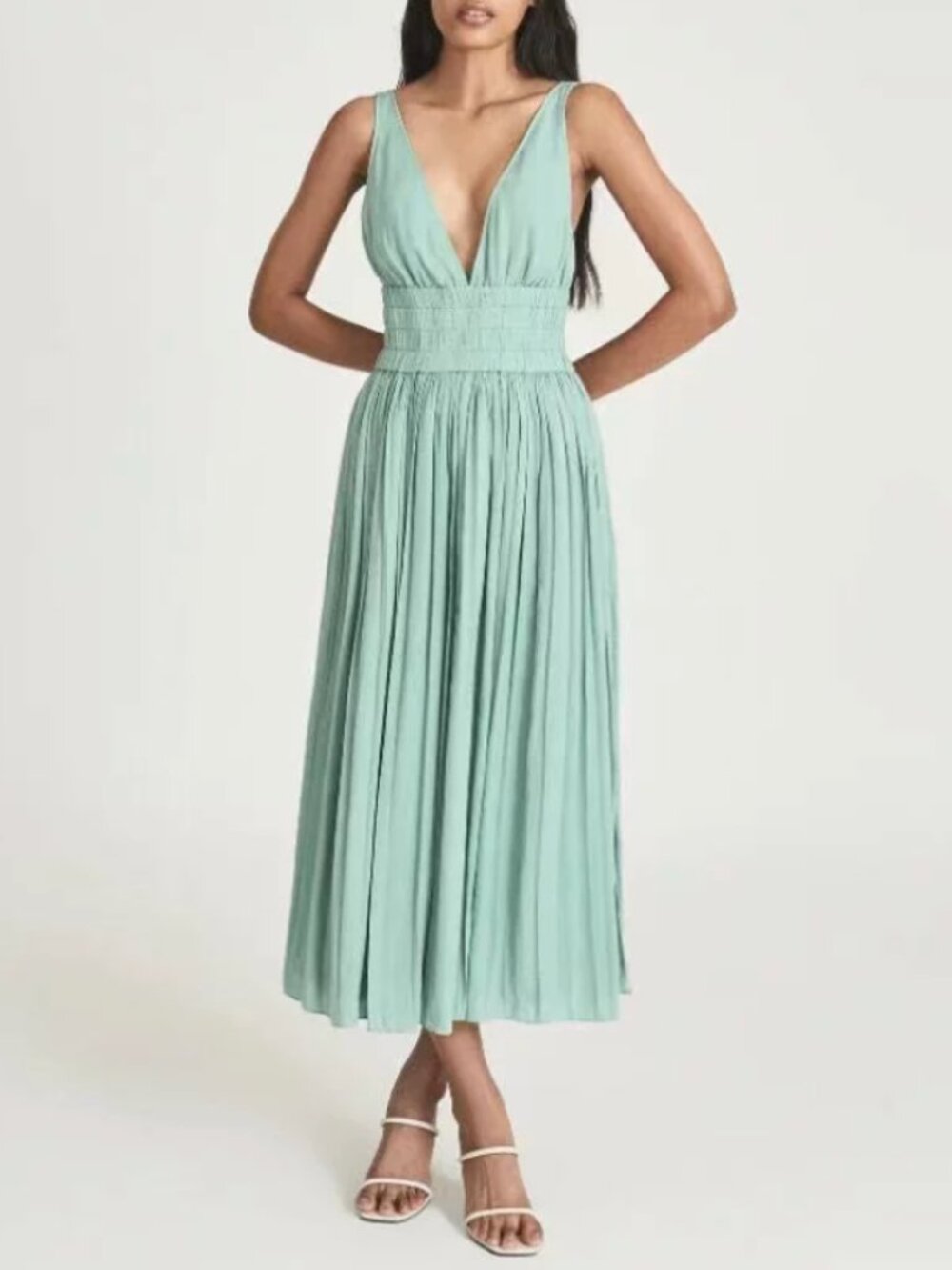 REISS Saffy Plunge Neckline Midi Dress US 6/8 Seafoam Green